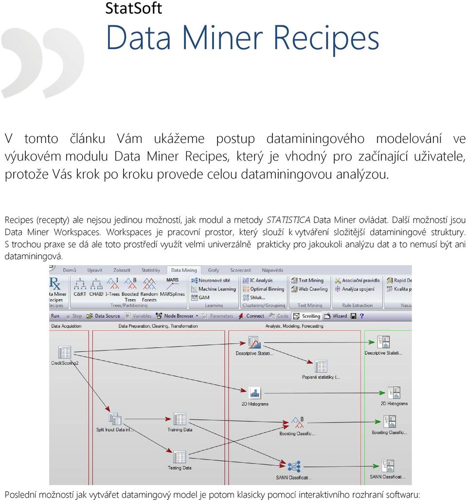 Další možností jsou Data Miner Workspaces. Workspaces je pracovní prostor, který slouží k vytváření složitější dataminingové struktury.