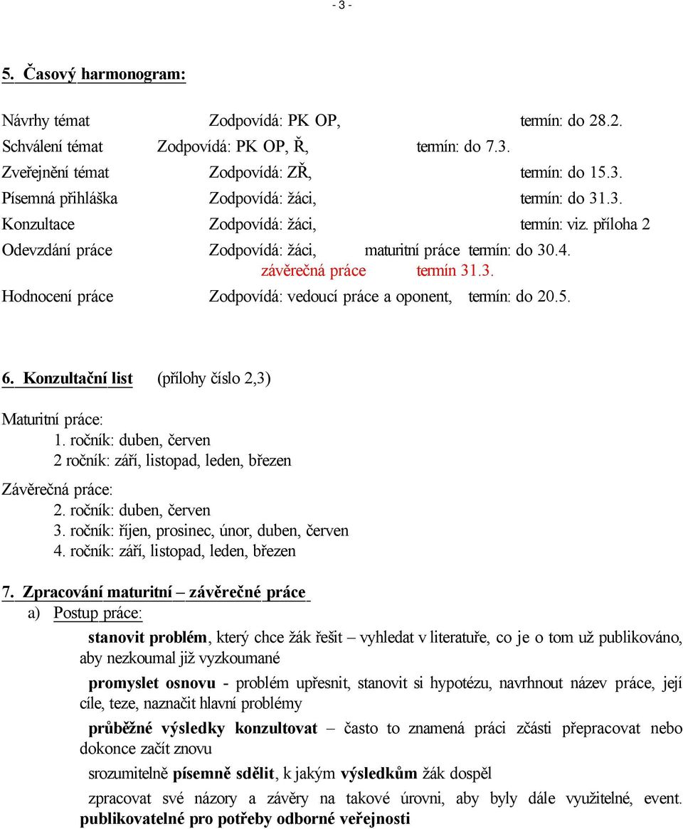 5. 6. Konzultační list (přílohy číslo 2,3) Maturitní práce: 1. ročník: duben, červen 2 ročník: září, listopad, leden, březen Závěrečná práce: 2. ročník: duben, červen 3.