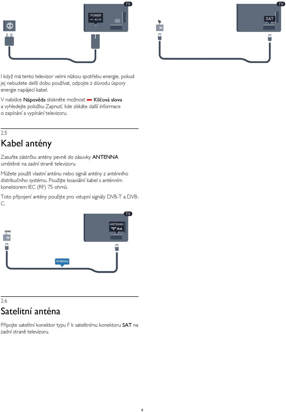 5 Kabel antény Zasuňte zástrčku antény pevně do zásuvky ANTENNA umístěné na zadní straně televizoru.