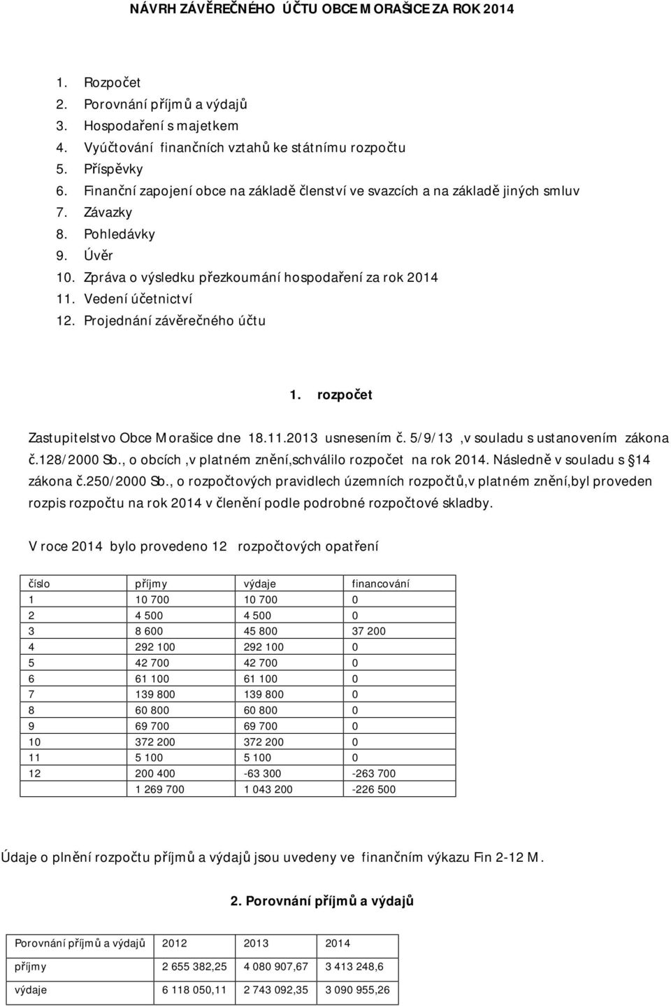 Projednání závěrečného účtu 1. rozpočet Zastupitelstvo Obce Morašice dne 18.11.2013 usnesením č. 5/9/13,v souladu s ustanovením zákona č.128/2000 Sb.