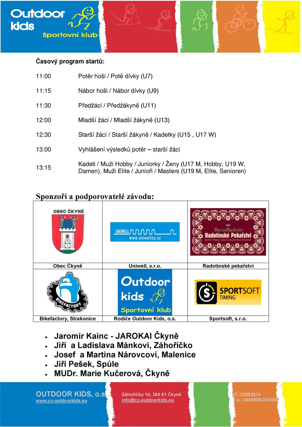 Elite / Junioři / Masters (U19 M, Elite, Senioren) Sponzoři a podporovatelé závodu: Obec Čkyně Uniwell, s.r.o. Radotínské pekařství Bikefactory, Strakonice Rodiče Outdoor Kids, o.