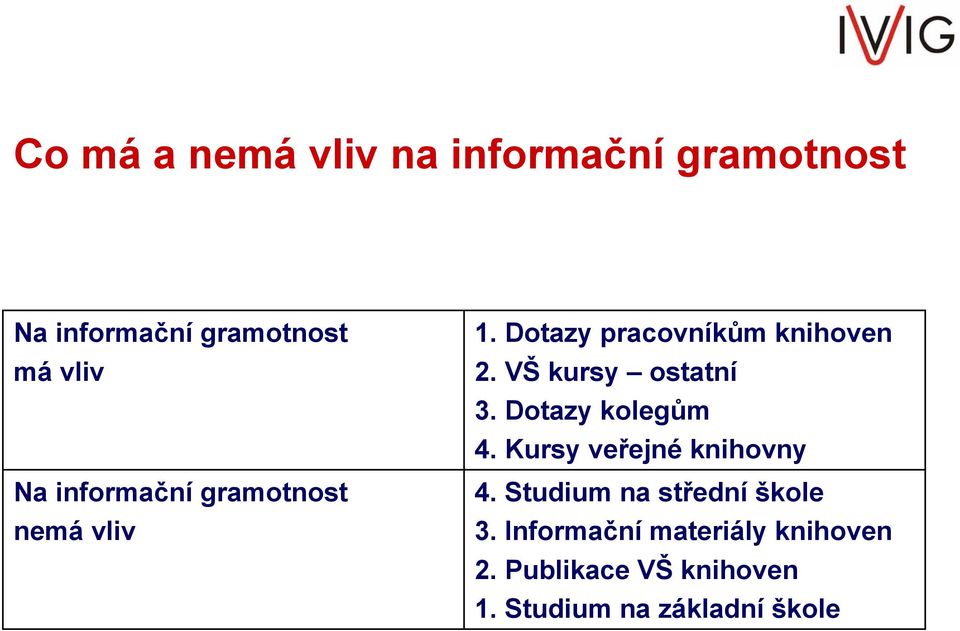 VŠ kursy ostatní 3. Dotazy kolegům 4. Kursy veřejné knihovny 4.