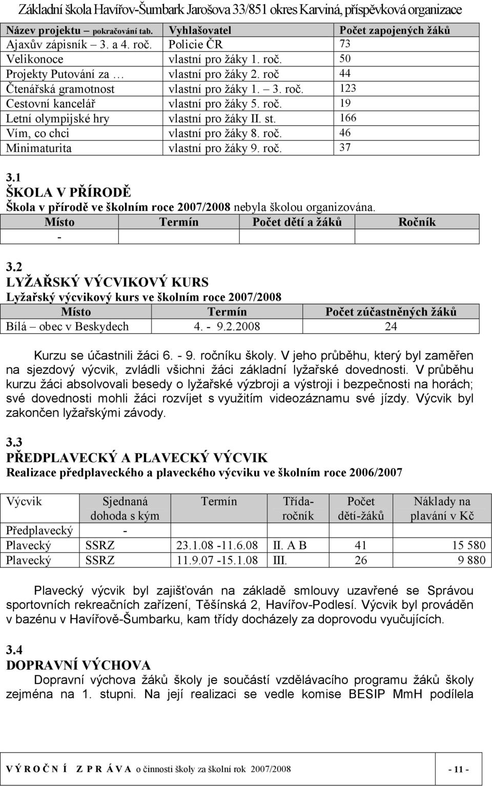 roč. 37 3.1 ŠKOLA V PŘÍRODĚ Škola v přírodě ve školním roce 2007/2008 nebyla školou organizována. Místo Termín Počet dětí a žáků Ročník - 3.