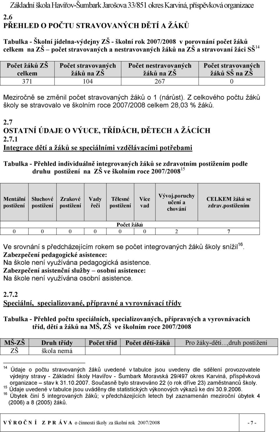 Z celkového počtu žáků školy se stravovalo ve školním roce 2007/