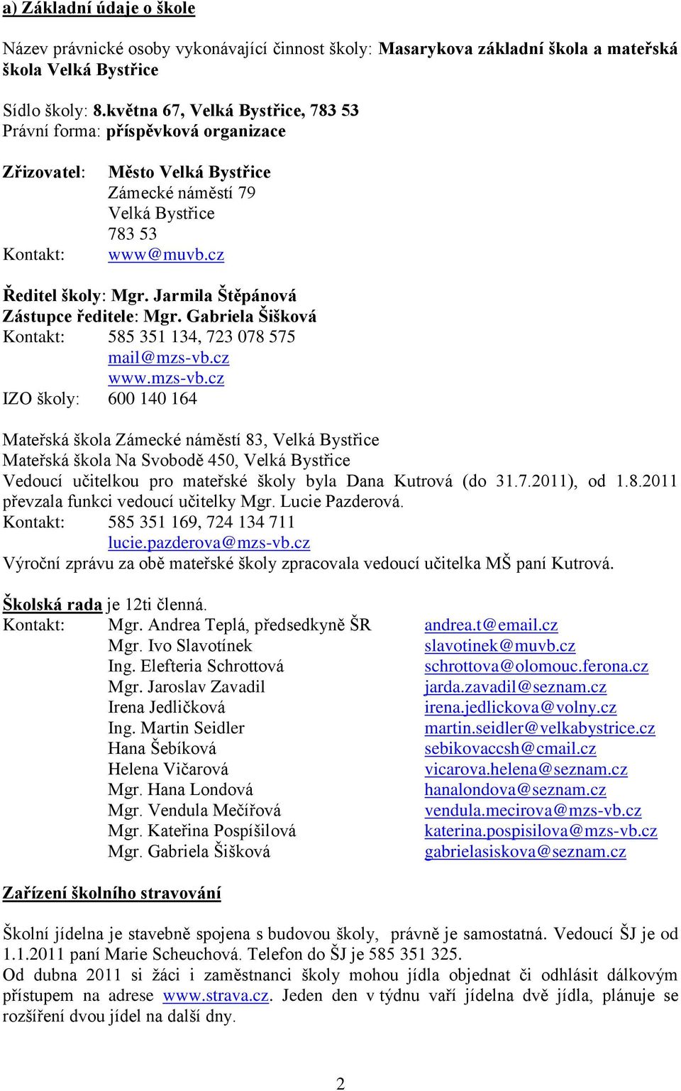 Jarmila Štěpánová Zástupce ředitele: Mgr. Gabriela Šišková Kontakt: 585 351 134, 723 078 575 mail@mzs-vb.