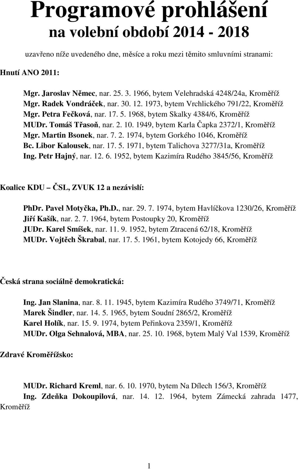 Tomáš Třasoň, nar. 2. 10. 1949, bytem Karla Čapka 2372/1, Kroměříž Mgr. Martin Bsonek, nar. 7. 2. 1974, bytem Gorkého 1046, Kroměříž Bc. Libor Kalousek, nar. 17. 5.