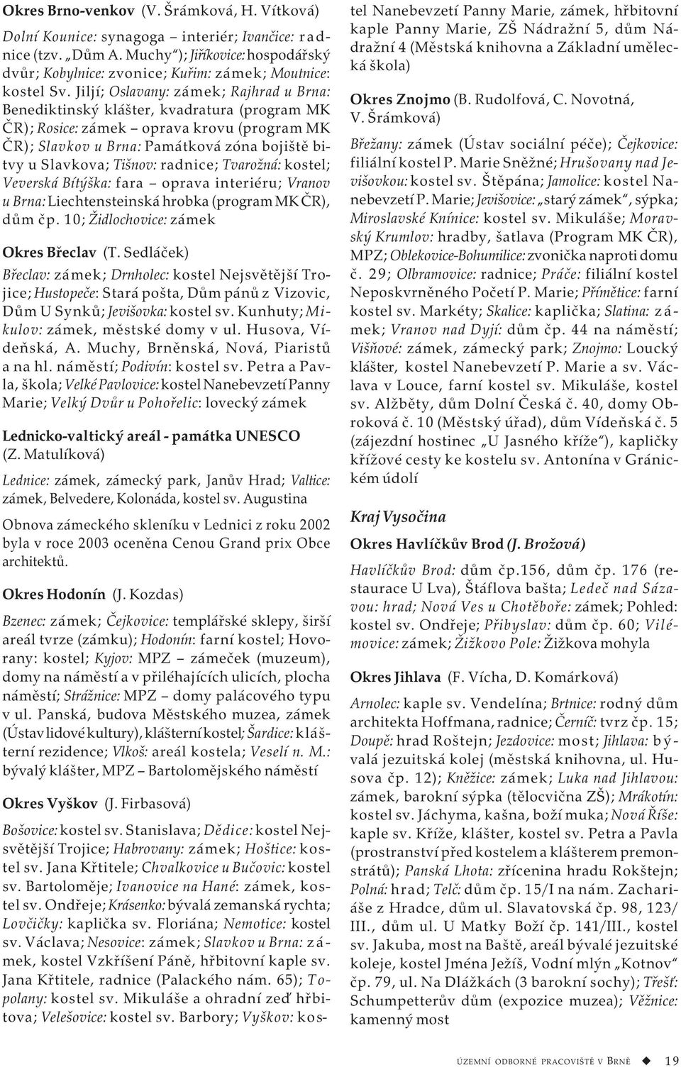 Jiljí; Oslavany: zámek; Rajhrad u Brna: Benediktinský klášter, kvadratura (program MK ČR); Rosice: zámek oprava krovu (program MK ČR); Slavkov u Brna: Památková zóna bojiště bitvy u Slavkova; Tišnov: