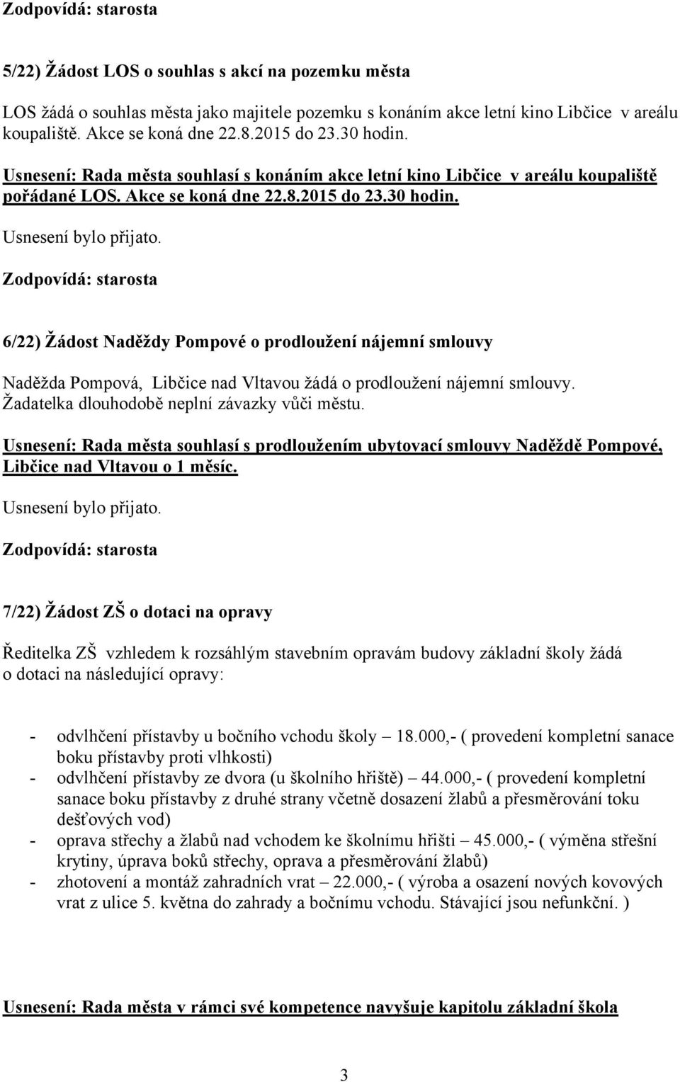 6/22) Žádost Naděždy Pompové o prodloužení nájemní smlouvy Naděžda Pompová, Libčice nad Vltavou žádá o prodloužení nájemní smlouvy. Žadatelka dlouhodobě neplní závazky vůči městu.