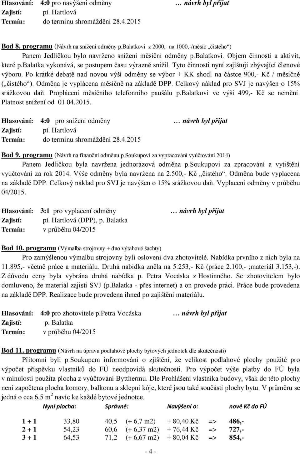 Po krátké debatě nad novou výší odměny se výbor + KK shodl na částce 900,- Kč / měsíčně ( čistého ). Odměna je vyplácena měsíčně na základě DPP. Celkový náklad pro SVJ je navýšen o 15% sráţkovou daň.