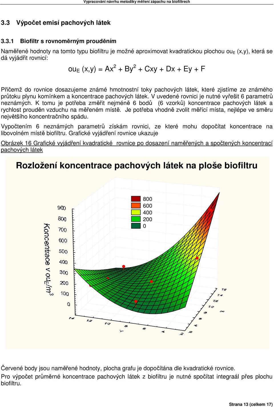 V uvedené rovnici je nutné vyřešit 6 parametrů neznámých. K tomu je potřeba změřit nejméně 6 bodů (6 vzorků) koncentrace pachových látek a rychlost prouděn vzduchu na měřeném místě.