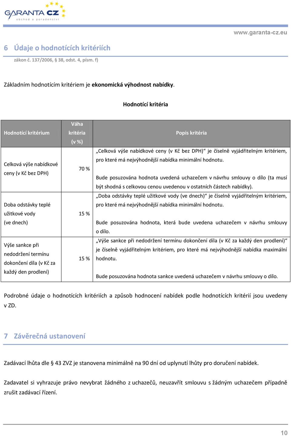 prodlení) Váha kritéria (v %) 70 % 15 % 15 % Popis kritéria Celková výše nabídkové ceny (v Kč bez DPH) je číselně vyjádřitelným kritériem, pro které má nejvýhodnější nabídka minimální hodnotu.