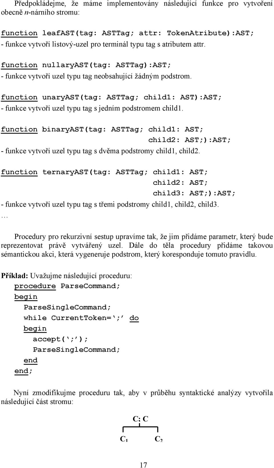 function unaryast(tag: ASTTag; child1: AST):AST; - funkce vytvoří uzel typu tag s jedním podstromem child1.