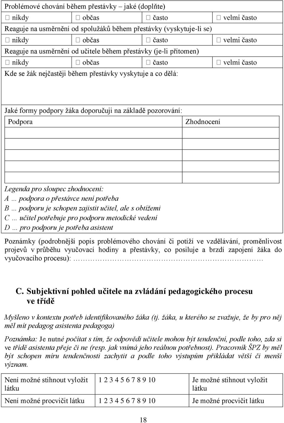 podporu je schopen zajistit učitel, ale s obtížemi C učitel potřebuje pro podporu metodické vedení D pro podporu je potřeba asistent Poznámky (podrobnější popis problémového chování či potíží ve