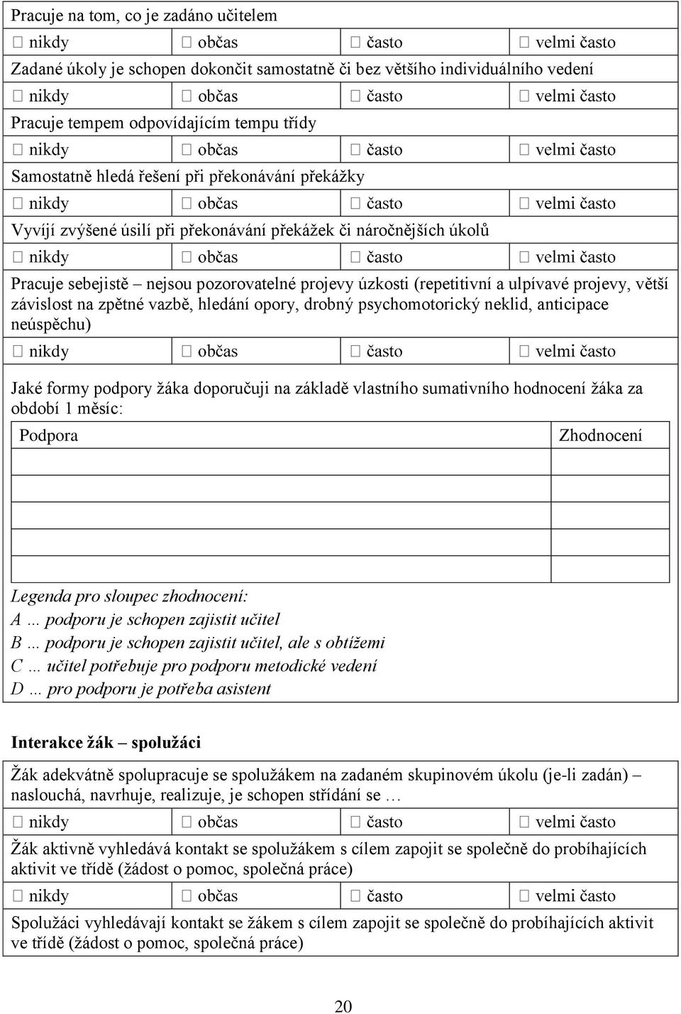 zpětné vazbě, hledání opory, drobný psychomotorický neklid, anticipace neúspěchu) nikdy Jaké formy podpory žáka doporučuji na základě vlastního sumativního hodnocení žáka za období 1 měsíc: Podpora