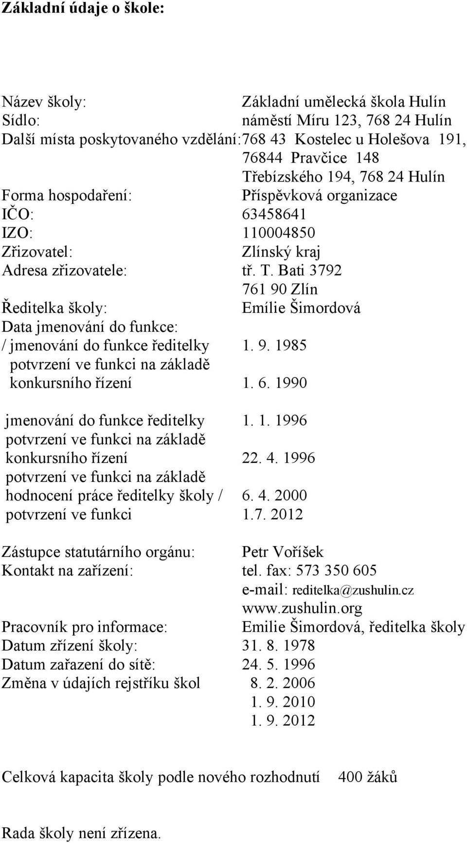 Bati 3792 76 90 Zlín Ředitelka školy: Emílie Šimordová Data jmenování do funkce: / jmenování do funkce ředitelky. 9. 985 potvrzení ve funkci na základě konkursního řízení. 6.