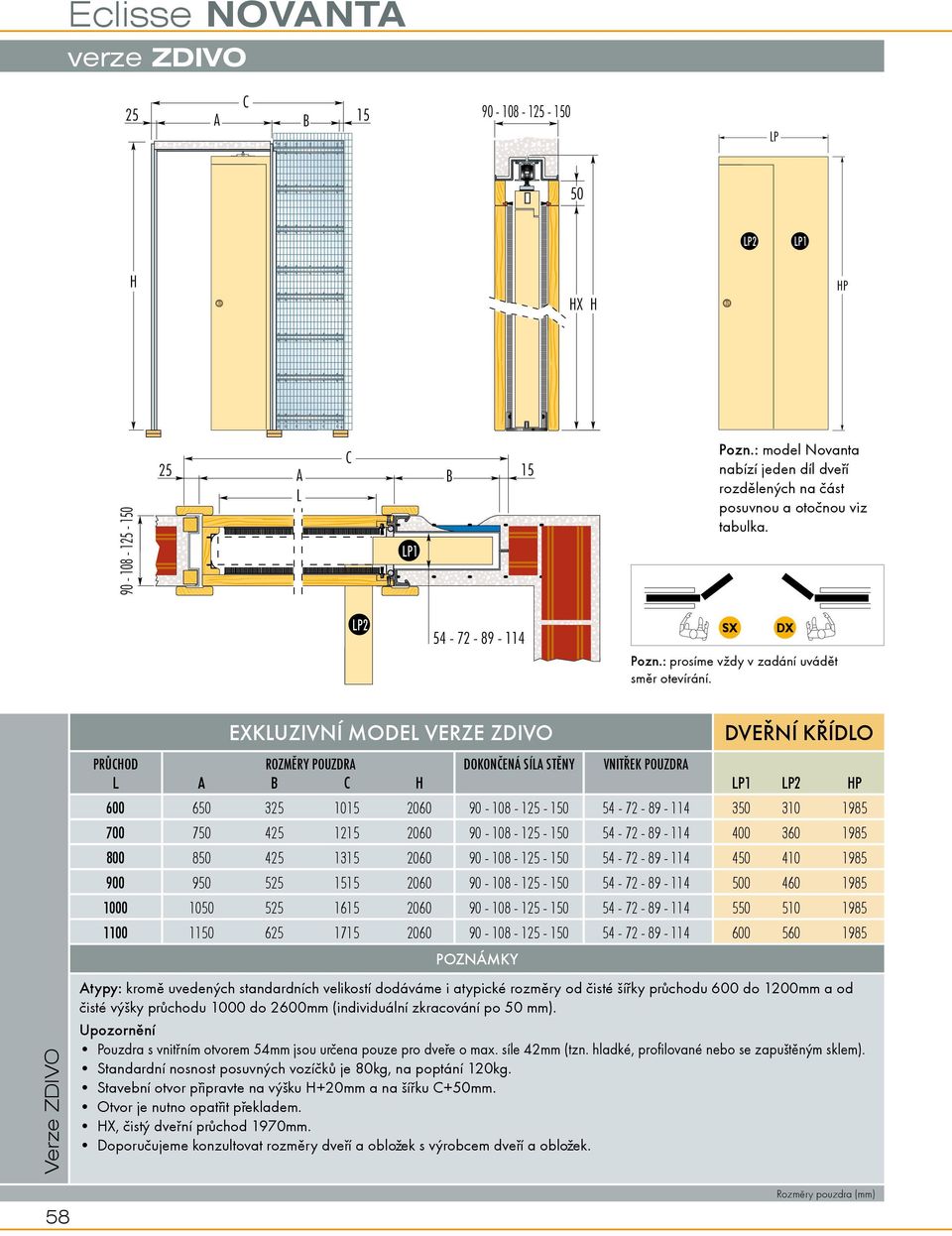 Verze ZDIVO 58 EXKUZIVNÍ MODE VERZE ZDIVO Poznámky DVEØNí KØíDO PRÙHOD ROZMÌRY POUZDR DokonÈená síla stìny VnitØek pouzdra H P1 P2 HP 600 650 325 1015 60 90-108 - - 150 54-72 - 89-114 350 310 1985