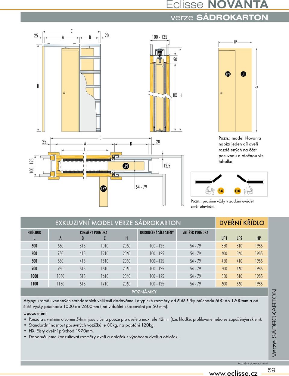 EXKUZIVNÍ MODE VERZE SÁDROKRTON Poznámky DVEØNí KØíDO PRÙHOD ROZMÌRY POUZDR DokonÈená síla stìny VnitØek pouzdra H P1 P2 HP 600 650 315 1010 60 100-54 - 79 350 310 1985 700 750 415 1210 60 100-54 -