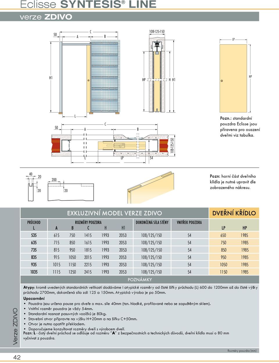 Verze ZDIVO 42 exkluzivní model verze Zdivo PoZnámkY dveøní køídlo PRÙHOD ROZMÌRY POUZDR DOkOnÈená síl stìny VnitØek POUZDR H H1 P HP 535 615 750 1415 1993 53 108//150 54 650 1985 635 715 850 1615