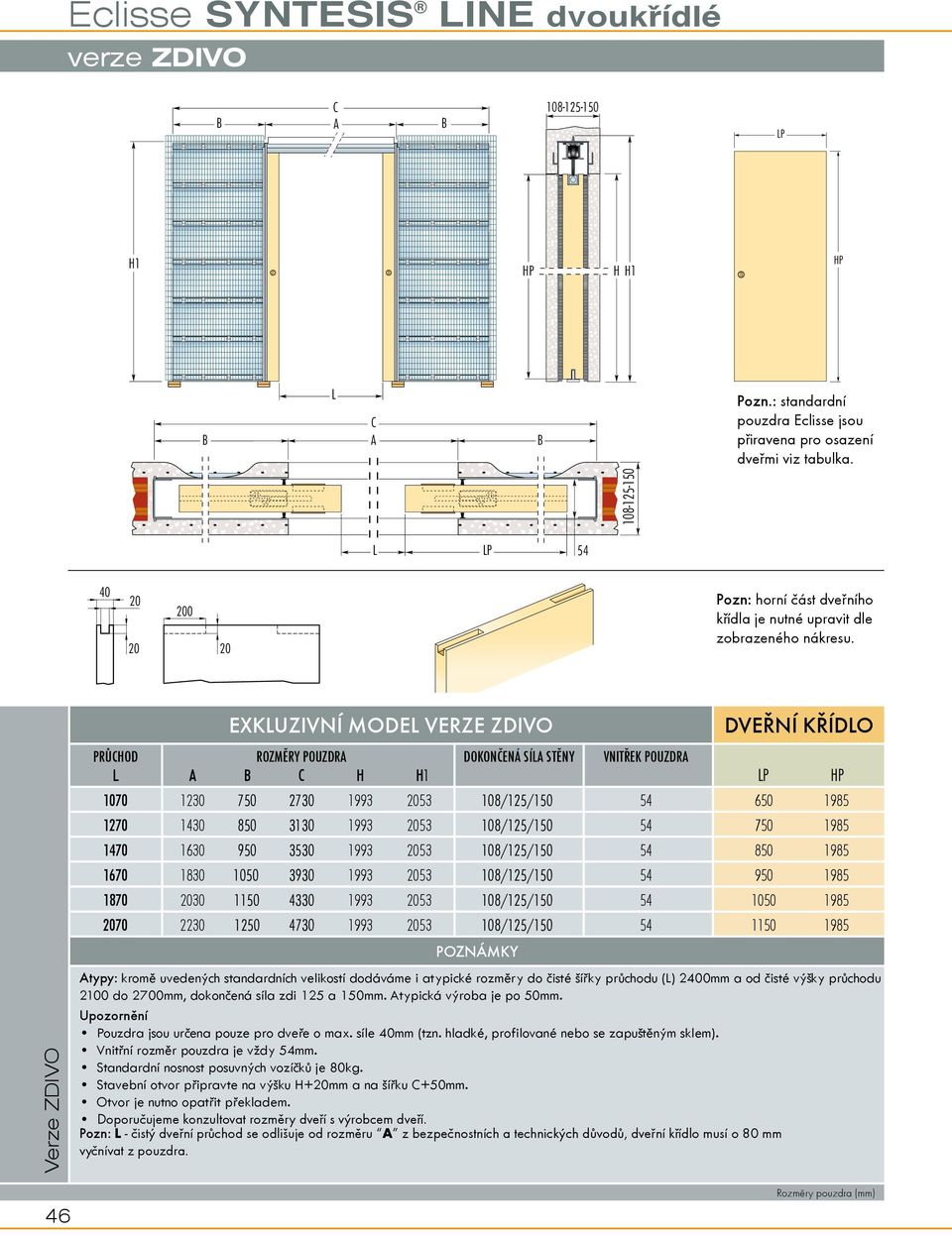 Verze ZDIVO 46 EXKUZIVNÍ MODE VERZE Zdivo Poznámky DVEØNí KØídlo PRÙHOD ROZMÌRY POUZDR DokonÈená síla stìny VnitØek pouzdra H H1 P HP 1070 12 750 27 1993 53 108//150 54 650 1985 1270 14 850 31 1993