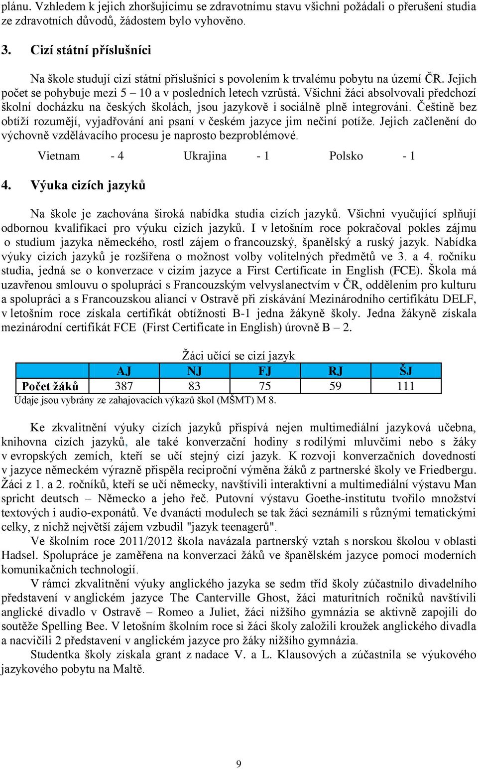 Všichni žáci absolvovali předchozí školní docházku na českých školách, jsou jazykově i sociálně plně integrováni. Češtině bez obtíží rozumějí, vyjadřování ani psaní v českém jazyce jim nečiní potíže.