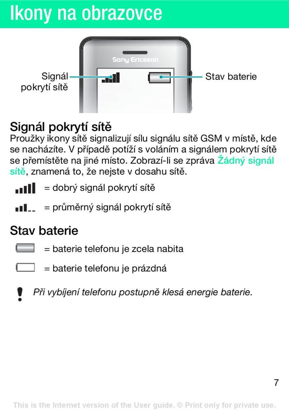 Zobrazí-li se zpráva Žádný signál sítě, znamená to, že nejste v dosahu sítě.