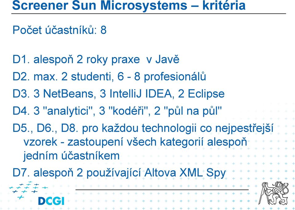 3 "analytici", 3 "kodéři", 2 "půl na půl" D5., D6., D8.