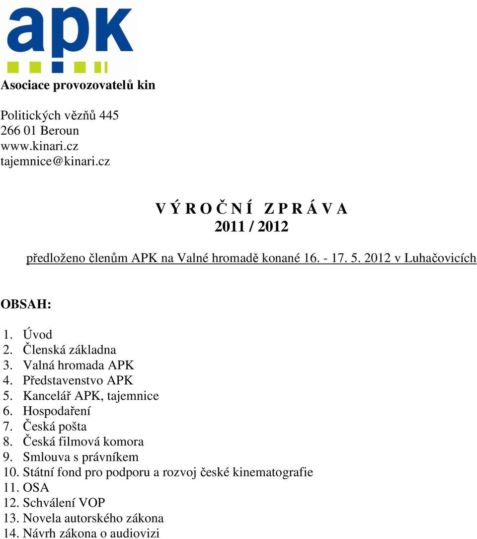 Úvod 2. Členská základna 3. Valná hromada APK 4. Představenstvo APK 5. Kancelář APK, tajemnice 6. Hospodaření 7. Česká pošta 8.