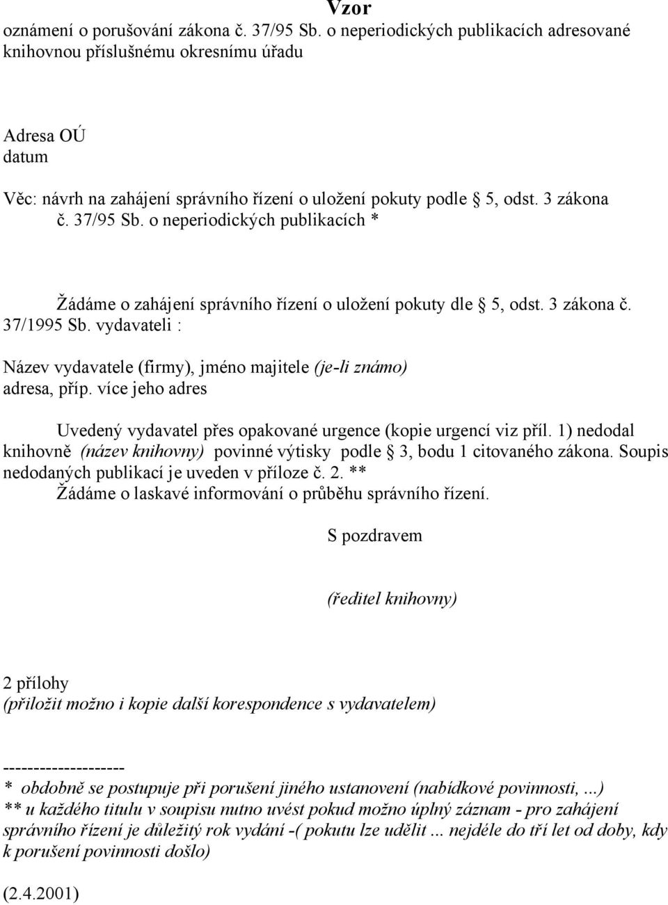 o neperiodických publikacích * Žádáme o zahájení správního řízení o uložení pokuty dle 5, odst. 3 zákona č. 37/1995 Sb.