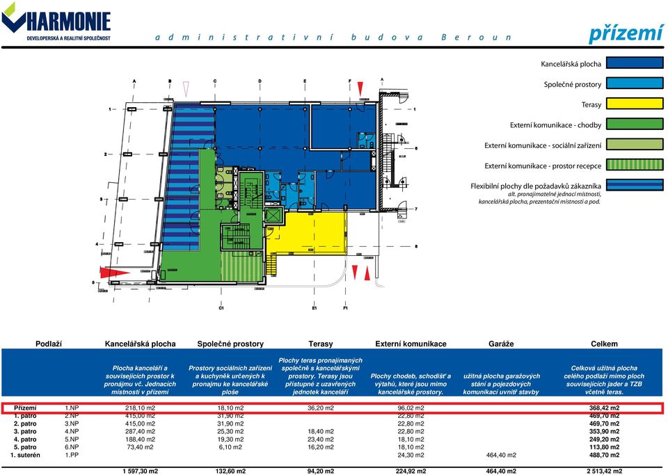 Podlaží Kancelá ská plocha Spole né prostory Terasy Externí komunikace Garáže Celkem Plocha kancelá í a souvisejících prostor k pronájmu v.