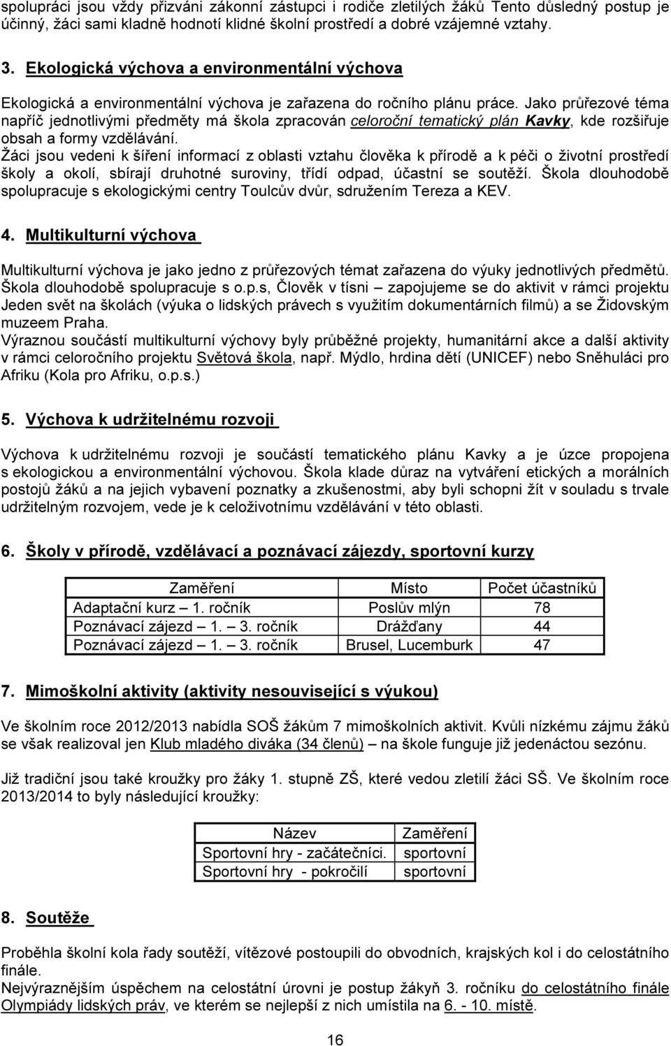 Jako průřezové téma napříč jednotlivými předměty má škola zpracován celoroční tematický plán Kavky, kde rozšiřuje obsah a formy vzdělávání.