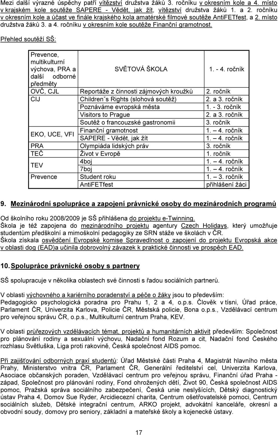 Přehled soutěží SŠ: Prevence, multikulturní výchova, PRA a SVĚTOVÁ ŠKOLA 1. - 4. ročník další odborné předměty OVČ, CJL Reportáže z činnosti zájmových kroužků 2.