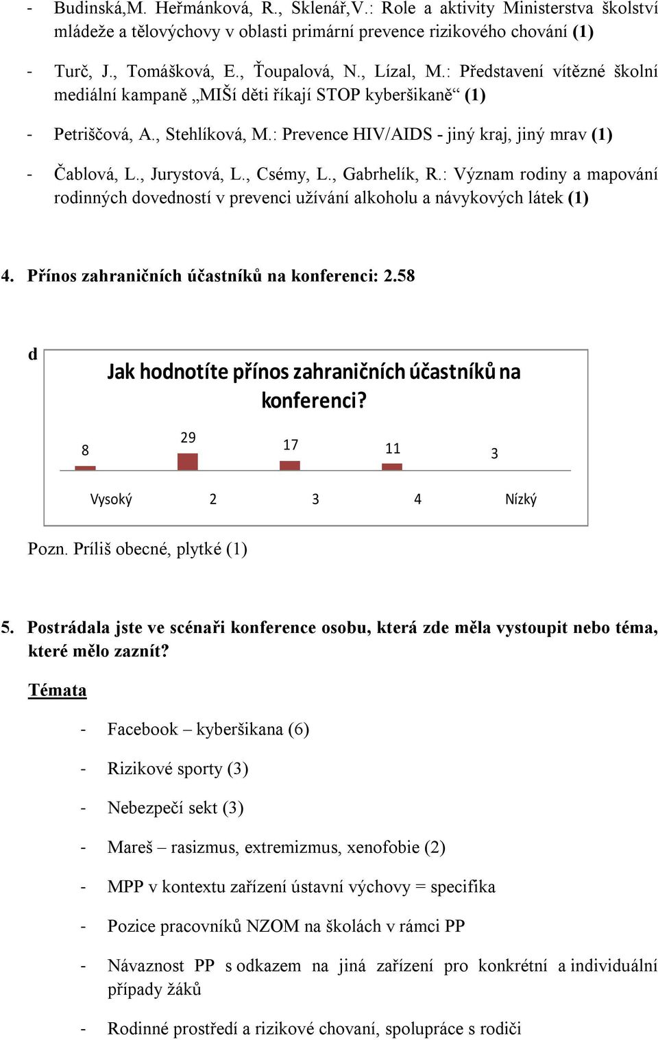 , Jurystová, L., Csémy, L., Gabrhelík, R.: Význam rodiny a mapování rodinných dovedností v prevenci užívání alkoholu a návykových látek (1) 4. Přínos zahraničních účastníků na konferenci: 2.