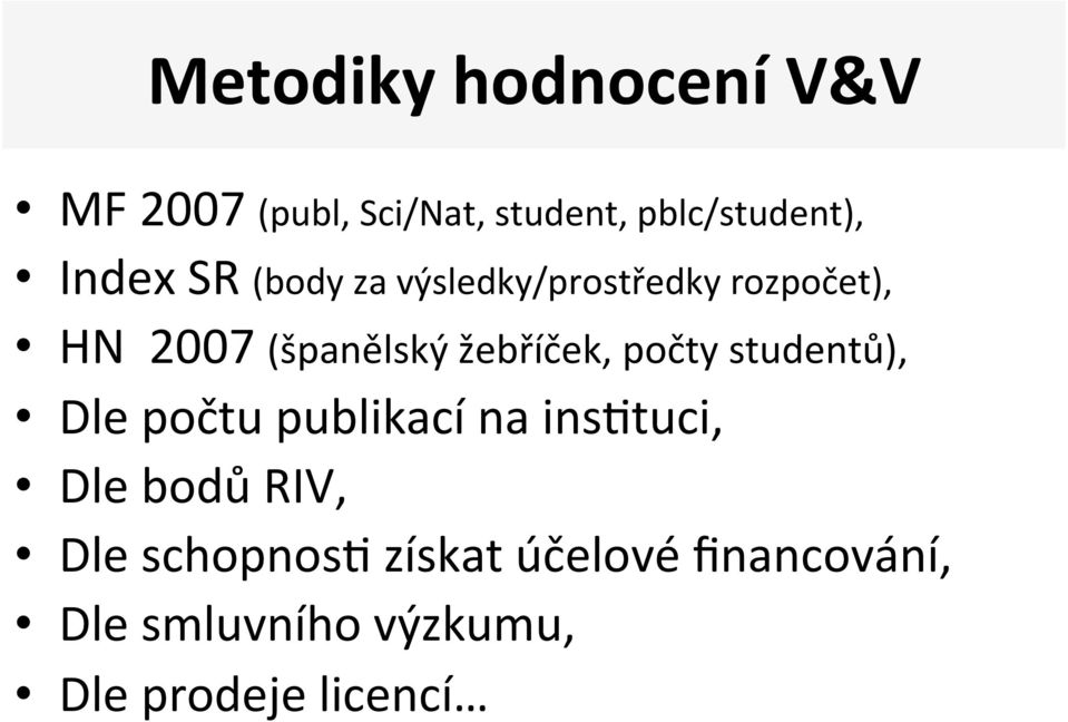 žebříček, počty studentů), Dle počtu publikací na insxtuci, Dle bodů RIV,