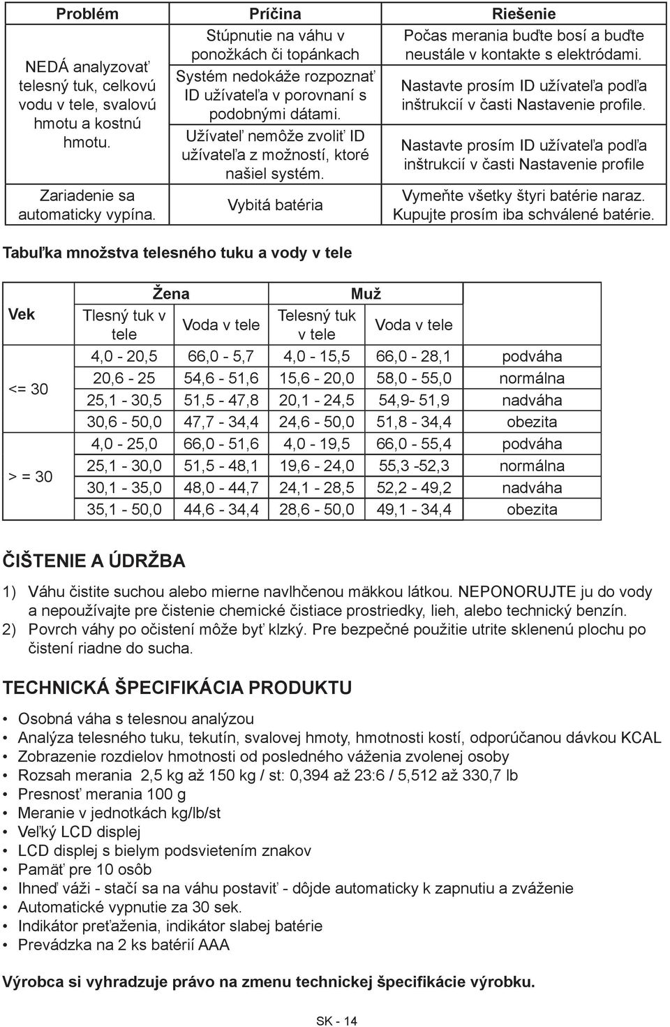 Vybitá batéria Tabuľka množstva telesného tuku a vody v tele Počas merania buďte bosí a buďte neustále v kontakte s elektródami.