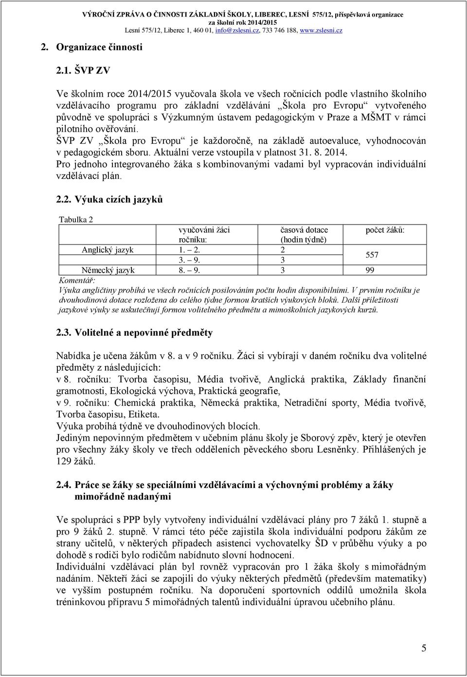 Výzkumným ústavem pedagogickým v Praze a MŠMT v rámci pilotního ověřování. ŠVP ZV Škola pro Evropu je každoročně, na základě autoevaluce, vyhodnocován v pedagogickém sboru.