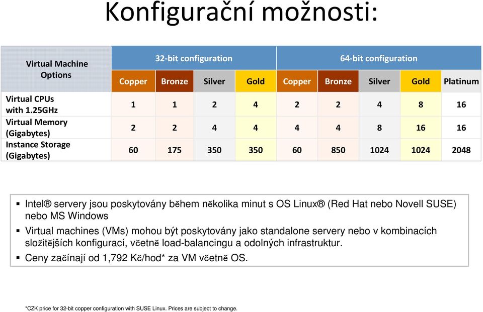 8 16 2 2 4 4 4 4 8 16 16 60 175 350 350 60 850 1024 1024 2048 Intel servery jsou poskytovány během několika minut s OS Linux (Red Hat nebo Novell SUSE) nebo MS Windows Virtual