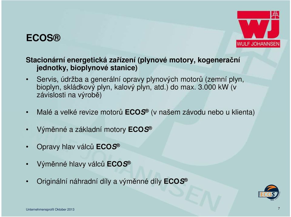 3.000 kw (v závislosti na výrobě) Malé a velké revize motorů ECOS (v našem závodu nebo u klienta) Výměnné a