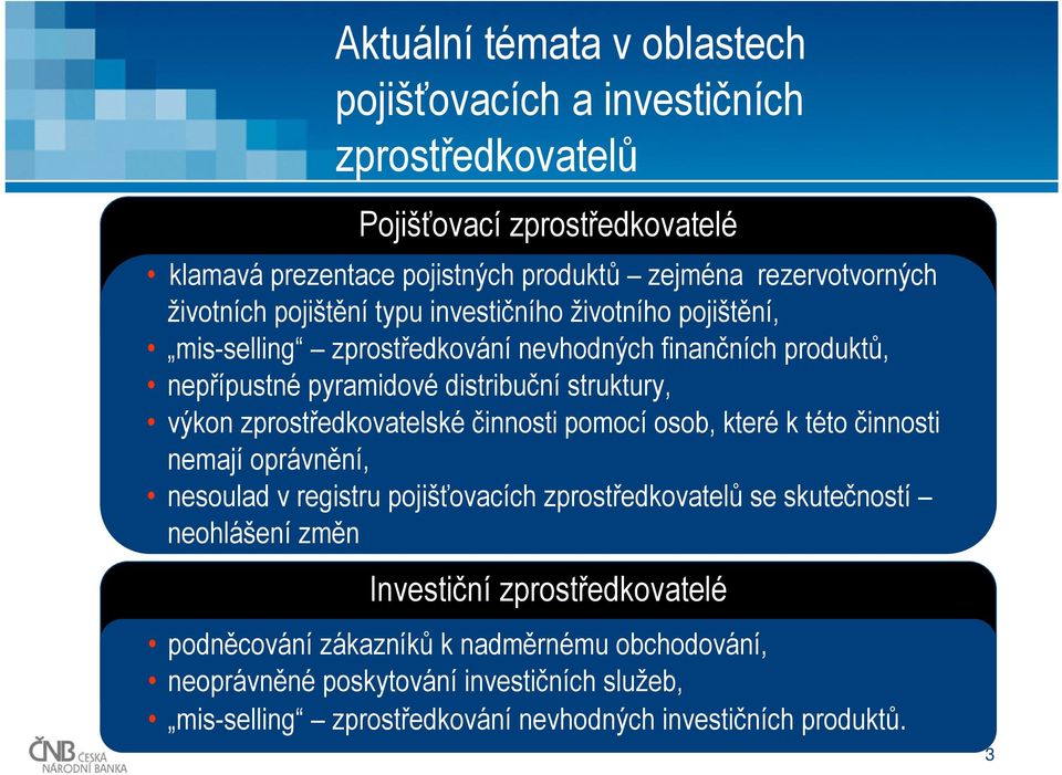 činnosti pomocí osob, které k této činnosti nemají oprávnění, nesoulad v registru pojišťovacích zprostředkovatelů se skutečností neohlášení změn Investiční