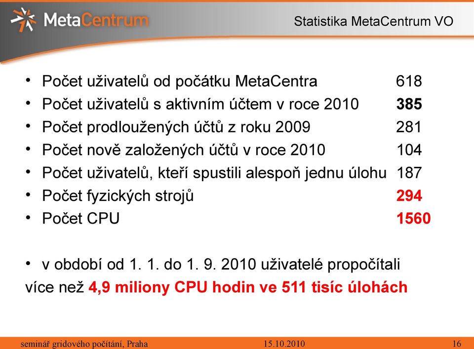 uživatelů, kteří spustili alespoň jednu úlohu Počet fyzických strojů Počet CPU 618 385 281 104 187