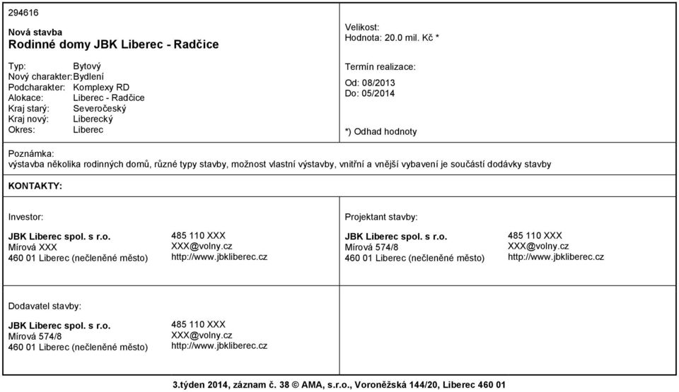 s r.o. Mírová XXX (nečleněné město) 485 110 XXX XXX@volny.cz http://www.jbkliberec.cz JBK Liberec spol. s r.o. Mírová 574/8 (nečleněné město) 485 110 XXX XXX@volny.cz http://www.jbkliberec.cz JBK Liberec spol. s r.o. Mírová 574/8 (nečleněné město) 485 110 XXX XXX@volny.cz http://www.jbkliberec.cz 3.