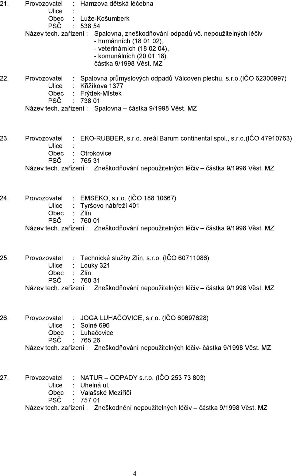 zařízení : Spalovna částka 9/1998 Věst. MZ 23. Provozovatel : EKO-RUBBER, s.r.o. areál Barum continental spol., s.r.o.(ičo 47910763) Ulice : Obec : Otrokovice PSČ : 765 31 24.