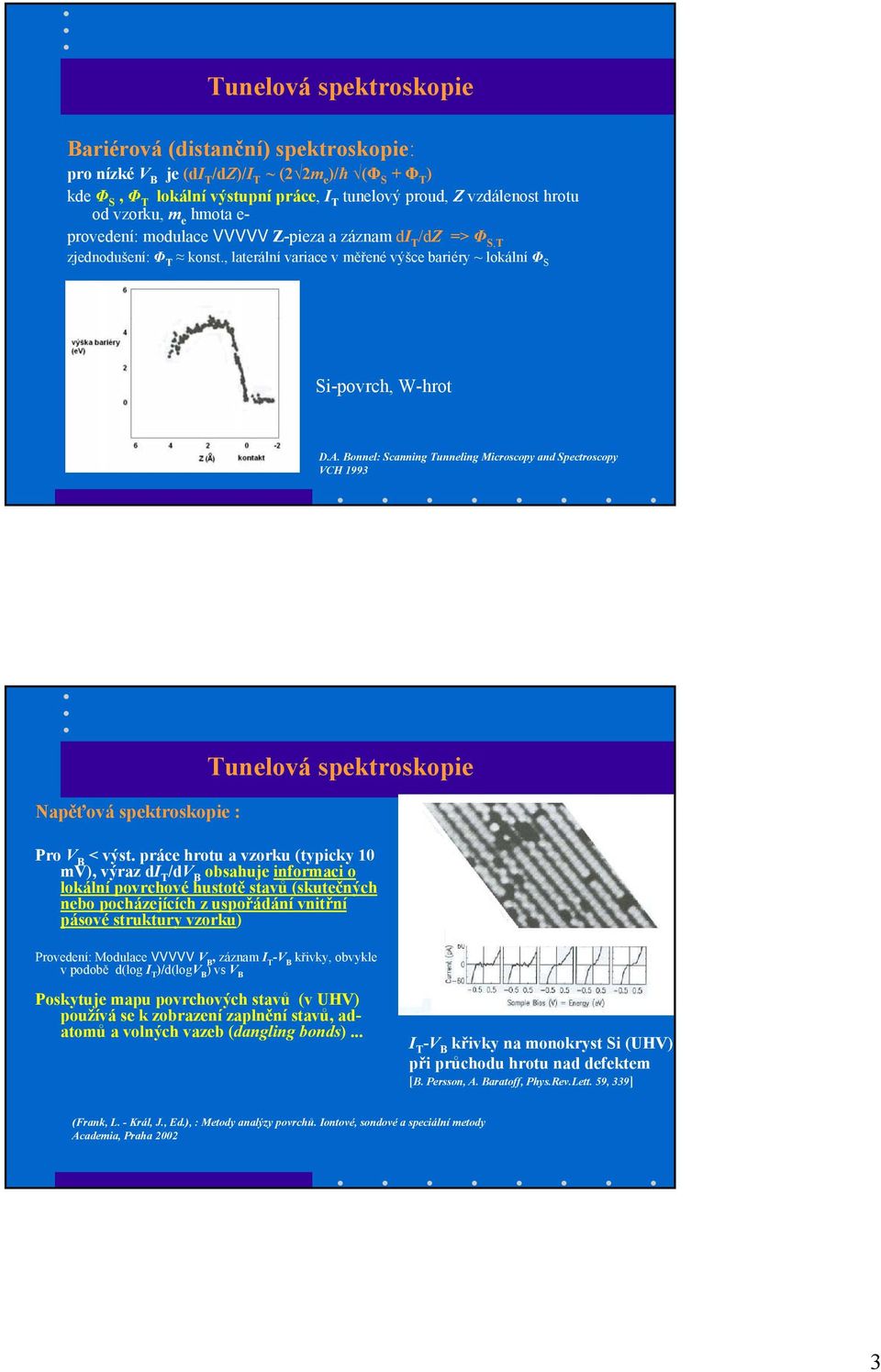 Bonnel: Scanning Tunneling Microscopy and Spectroscopy VCH 1993 Napěťová spektroskopie : Tunelová spektroskopie Pro V B < výst.