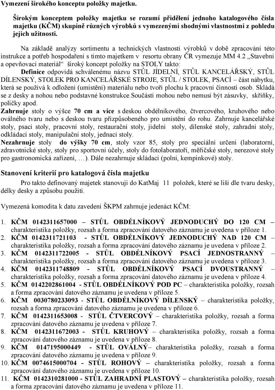 Na základě analýzy sortimentu a technických vlastností výrobků v době zpracování této instrukce a potřeb hospodaření s tímto majetkem v resortu obrany ČR vymezuje MM 4.