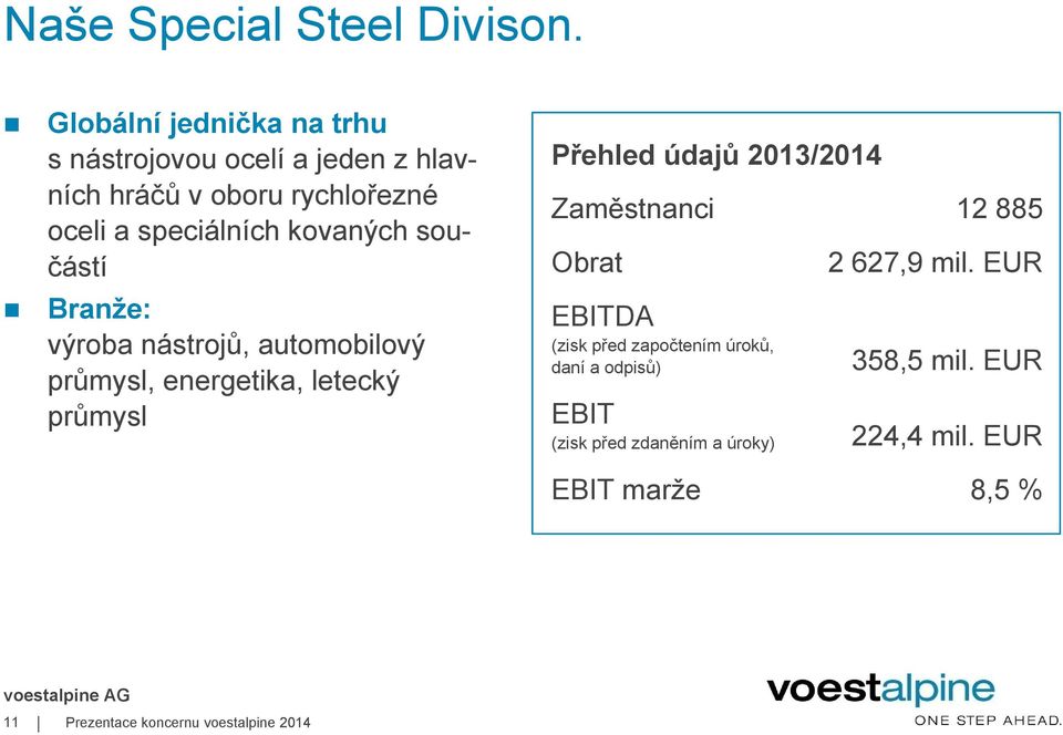 kovaných součástí Branže: výroba nástrojů, automobilový průmysl, energetika, letecký průmysl Přehled údajů 2013/2014