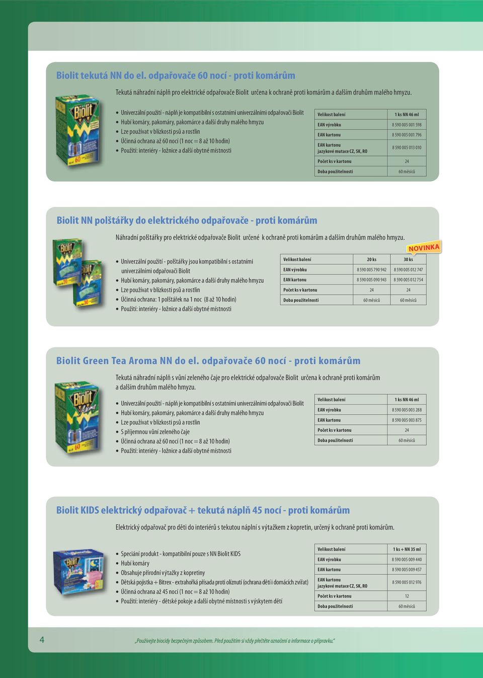 ochrana až 60 nocí (1 noc = 8 až 10 hodin) Použití: interiéry - ložnice a další obytné místnosti 1 ks NN 46 ml EAN výrobku 8 590 005 001 598 8 590 005 001 796 8 590 005 013 010 Počet ks v kartonu 24