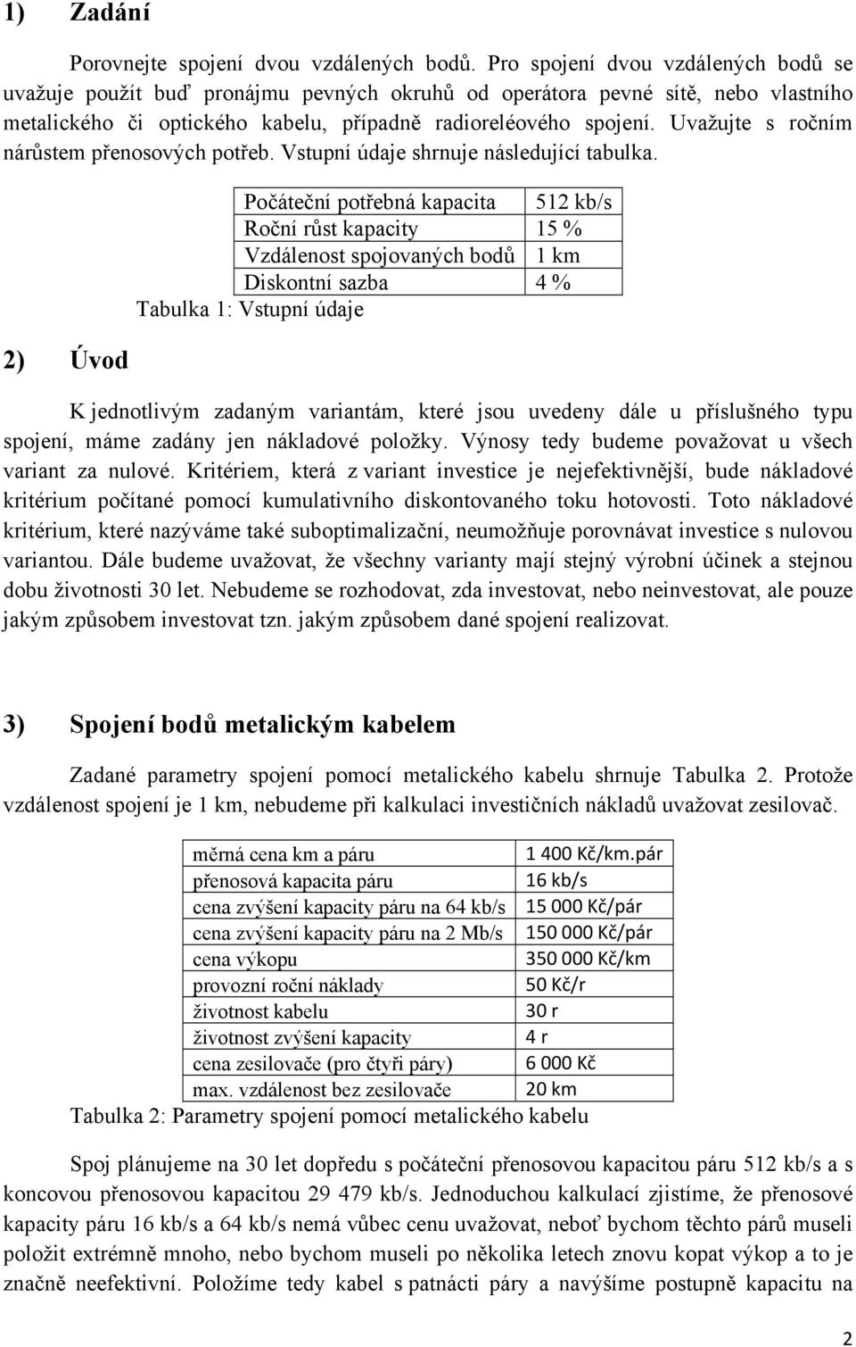 Uvažujte s ročním nárůstem přenosových potřeb. Vstupní údaje shrnuje následující tabulka.