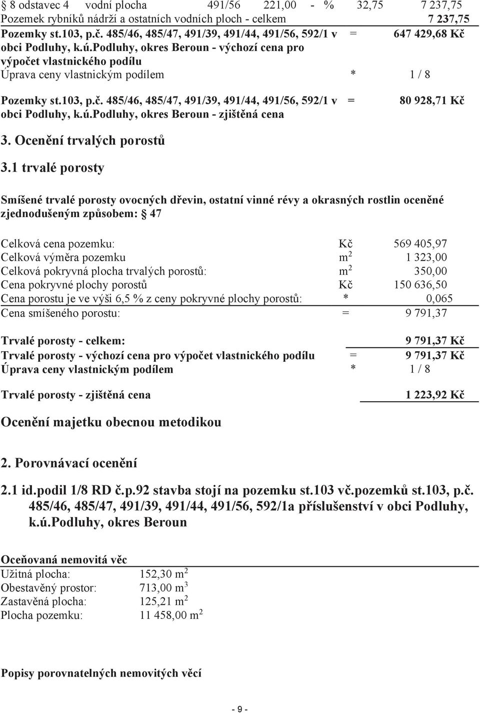 podluhy, okres Beroun - výchozí cena pro výpočet vlastnického podílu Úprava ceny vlastnickým podílem * 1 / 8 Pozemky st.103, p.č. 485/46, 485/47, 491/39, 491/44, 491/56, 592/1 v obci Podluhy, k.ú.