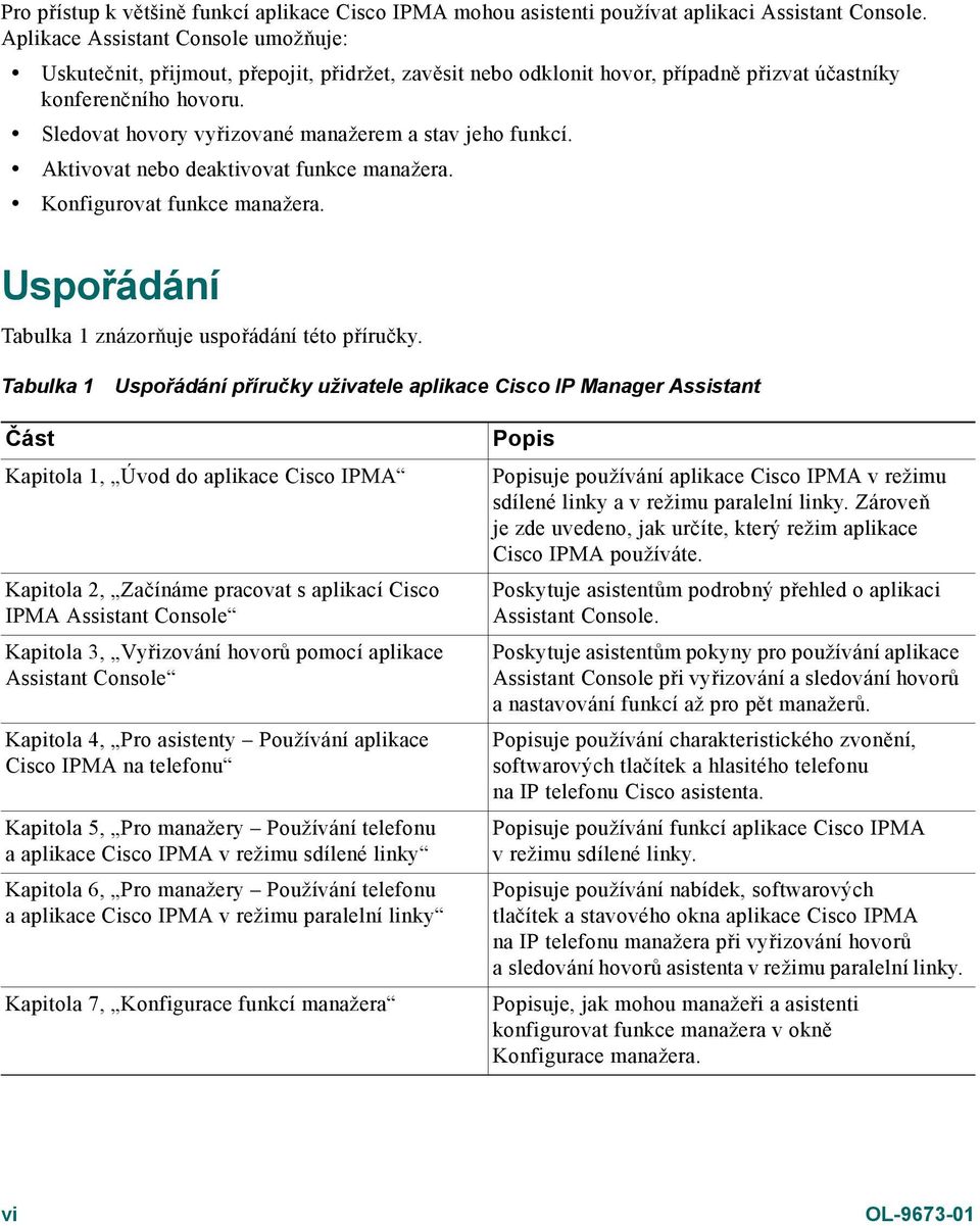 Sledovat hovory vyřizované manažerem a stav jeho funkcí. Aktivovat nebo deaktivovat funkce manažera. Konfigurovat funkce manažera. Uspořádání Tabulka 1 znázorňuje uspořádání této příručky.