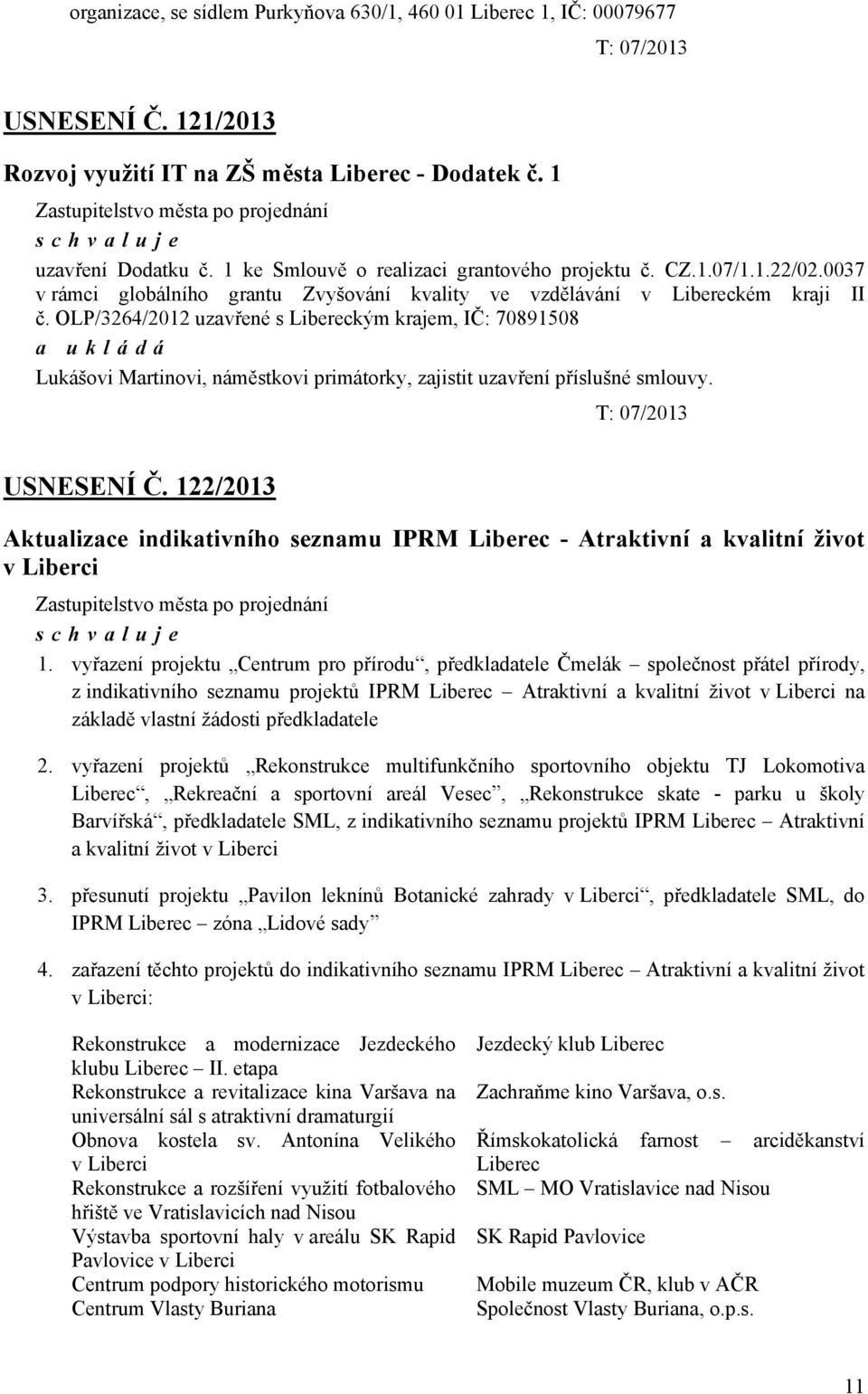 náměstkovi primátorky, zajistit uzavření příslušné smlouvy T: 07/2013 USNESENÍ Č 122/2013 Aktualizace indikativního seznamu IPRM Liberec - Atraktivní a kvalitní život v Liberci 1 vyřazení projektu