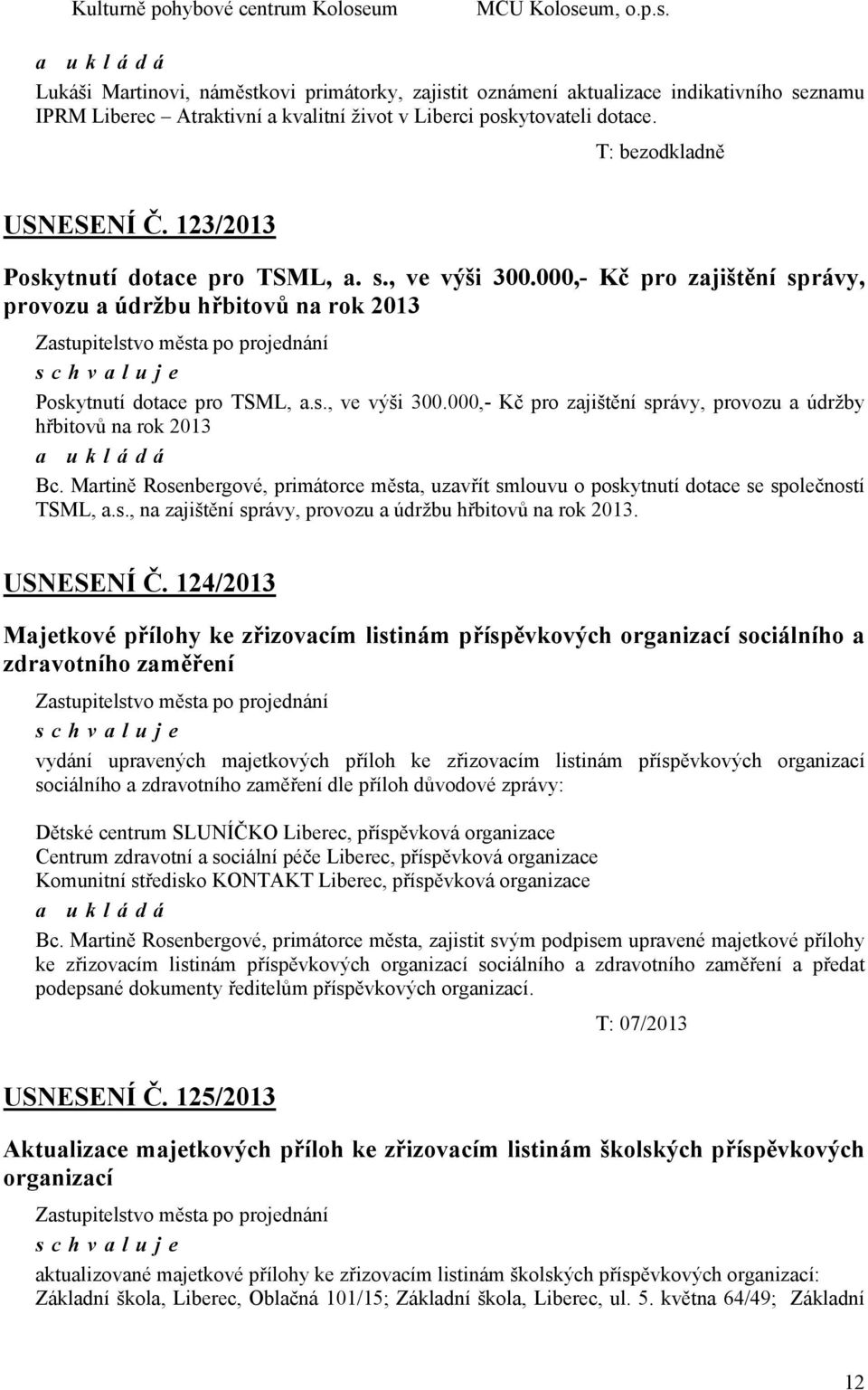 as, ve výši 300000,- Kč pro zajištění správy, provozu a údržby hřbitovů na rok 2013 Bc Martině Rosenbergové, primátorce města, uzavřít smlouvu o poskytnutí dotace se společností TSML, as, na